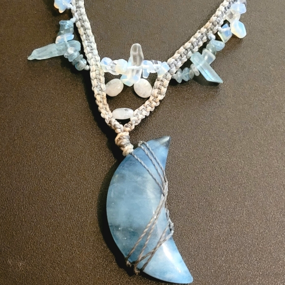 Macrame Aqua marine, Touramalated Moon stone, Apatite, & Blue Quartz neckalace. - Picture 1 of 8